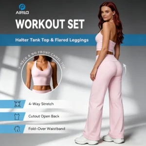 Airila 2 Piece Halter V Neck Yoga Set, Backless Crop Top
