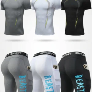 6-Piece Men's Compression Set: Short-Sleeve Workout T-Shirt, Shorts with Cell Phone